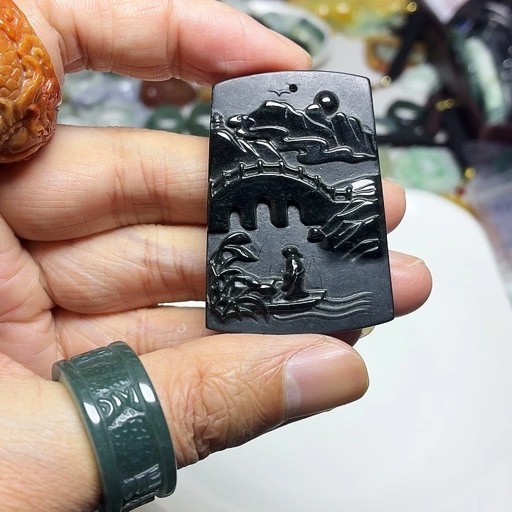 翡翠未镶嵌手镯墨翠山水吊坠