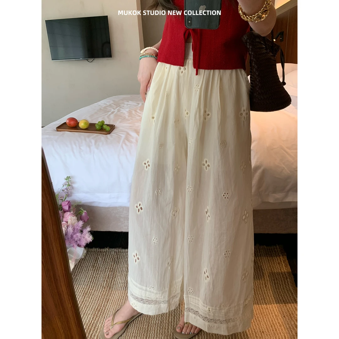 MUKOK  重工镂空提花纯棉休闲裤高腰显瘦拼接刺绣白色裤子