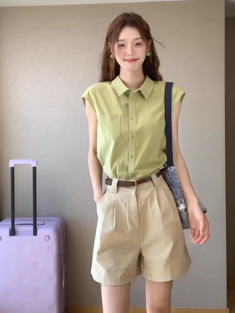 夏日穿搭一整套装2025大方得体盐系高级感多巴胺休闲衬衫西装短裤