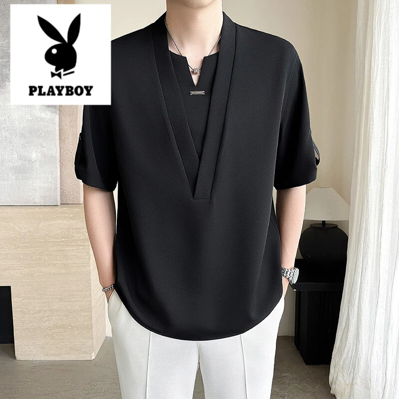 花花公子夏季免烫垂感休闲衬衫男禁欲系V领韩版轻熟风短袖衬衣潮
