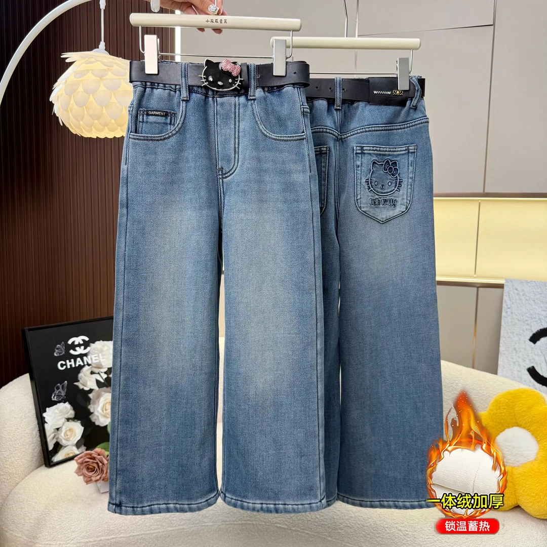 【两种厚度可选~】2025秋冬女童后兜KT猫加厚一体绒阔腿牛仔裤-14