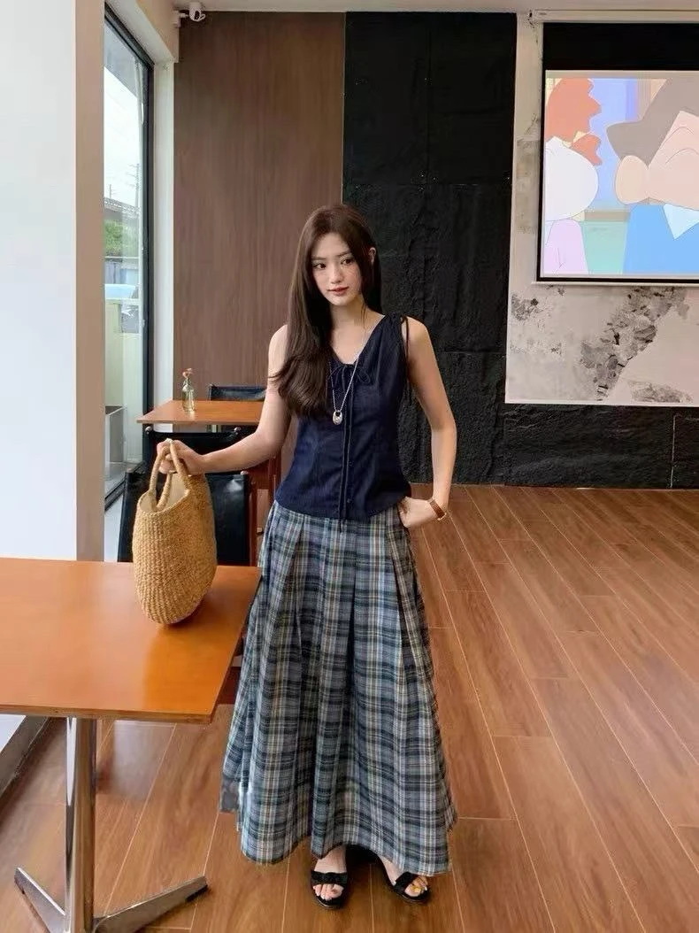 韩版百搭复古半身裙+ 时尚吊带无袖上衣休闲风套装宽松格子裤#652