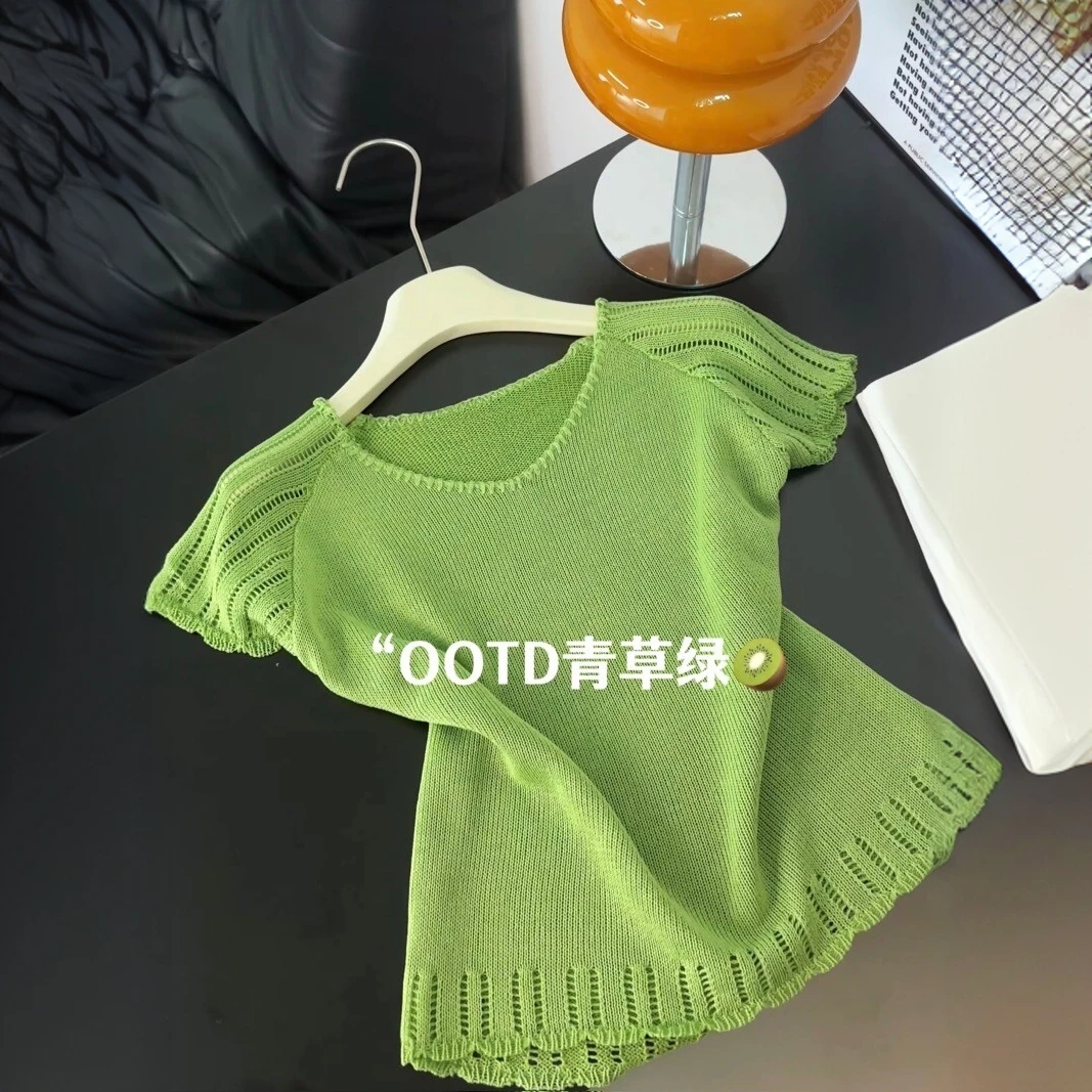 韩系夏季新款简约百搭V领钩花镂空针织短袖上衣女冰丝薄款上衣服