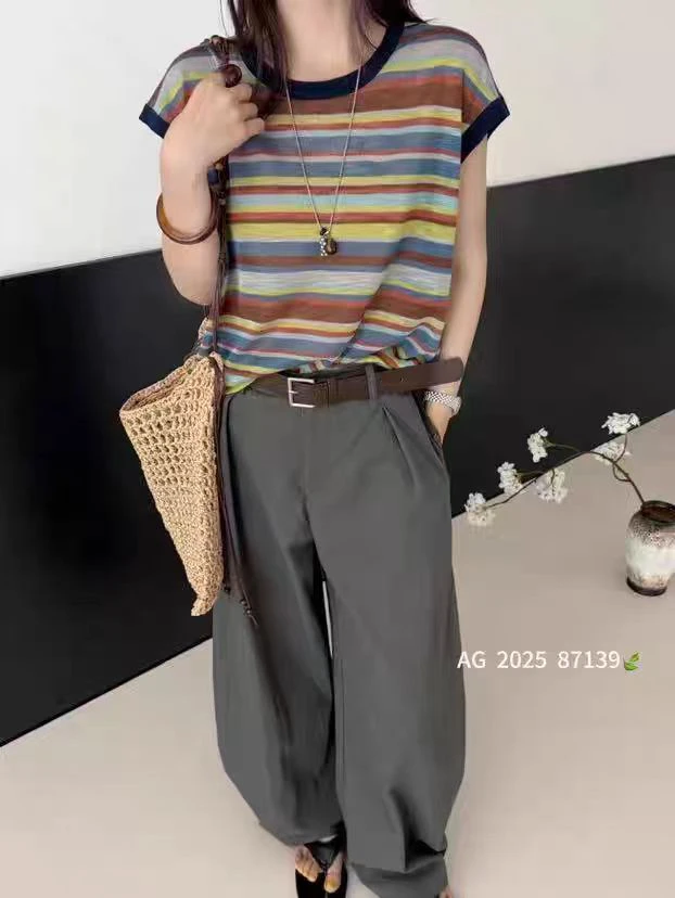 经典撞色条纹轻薄舒适套头圆领时尚百搭宽松短袖针织衫女2727