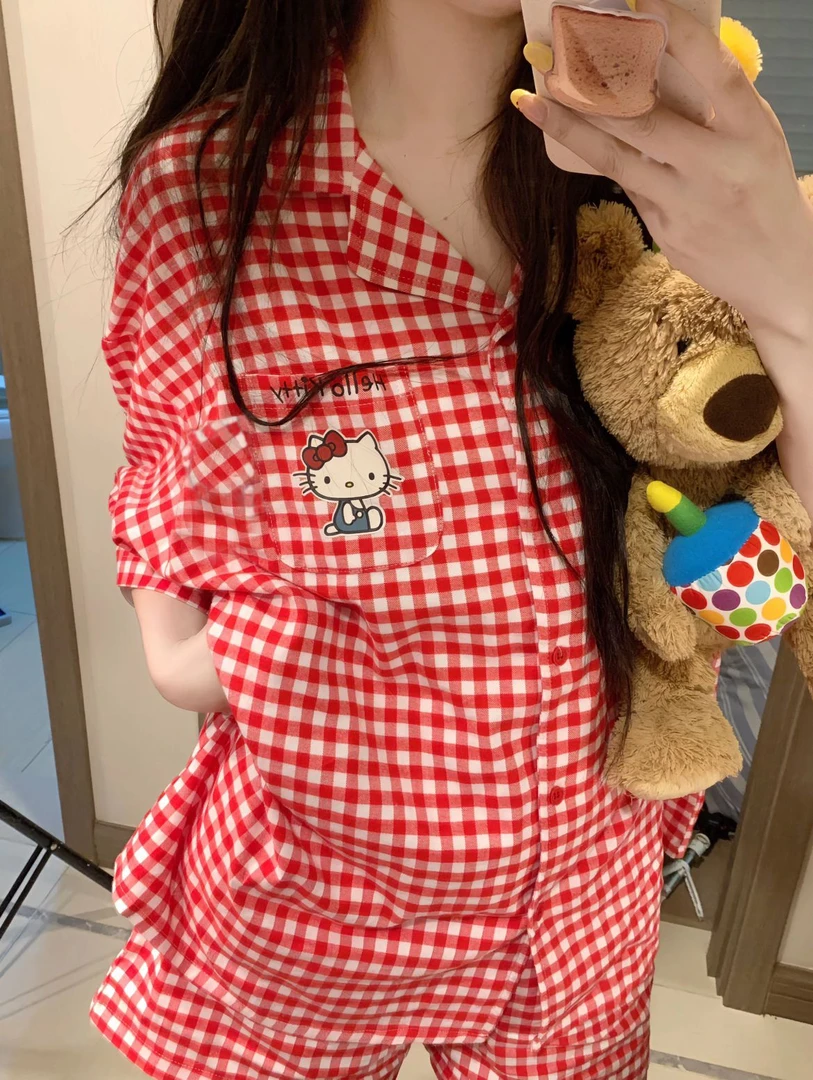 甜美可爱KT猫红色格子亲肤睡衣女春秋季新款短袖宅家居服套装