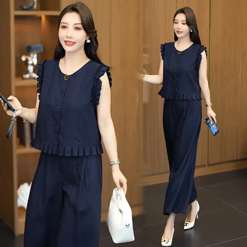 时尚套装女2025夏季新款木耳边小个子无袖上衣九分阔腿裤两件套潮