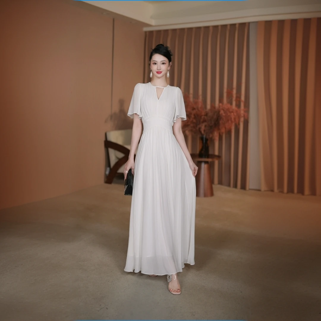 千金清冷感白色贵系礼服连衣裙显瘦收腰夏季五分袖赫本风V领70787