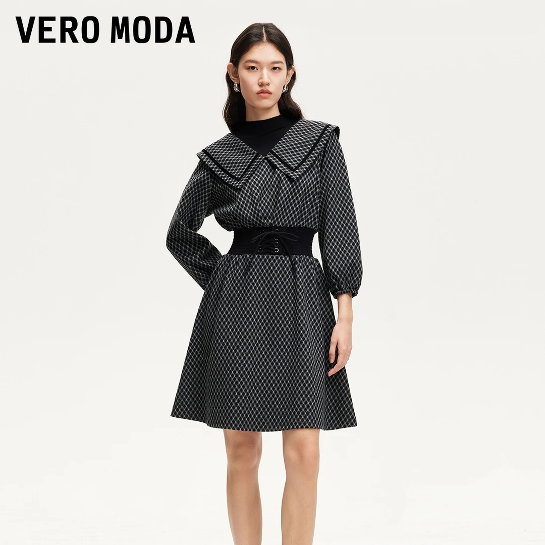 Vero Moda连衣裙2025冬季新款格纹腰封系带收腰显瘦短裙325461003