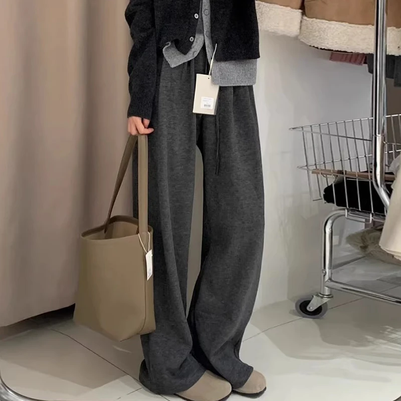 深灰色软糯米裤女冬季垂坠感宽松2025款小个子窄版加厚加绒阔腿裤