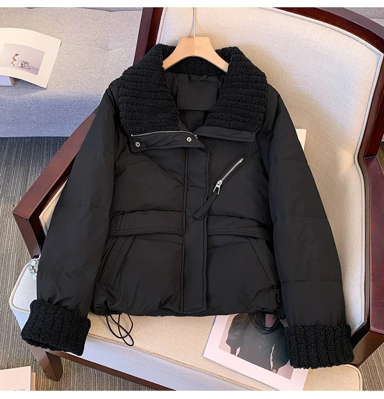 【羔羔毛翻领拼接】冬季保暖时尚洋气百搭休闲冬装短款百搭棉服807