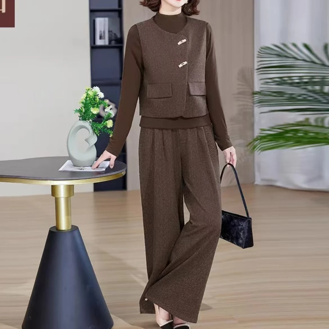 Q938 时尚新款马甲T恤阔腿裤三件套2025春装新款洋气套装