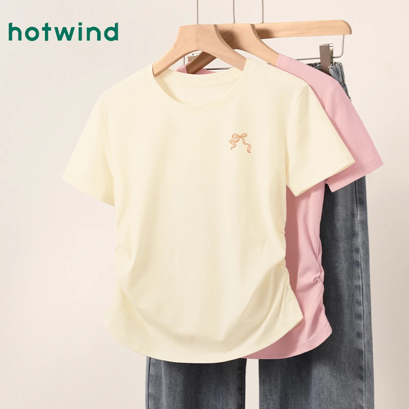 Hotwind/热风u领短袖t恤女夏季2025新款收腰修身显瘦上衣女款半袖