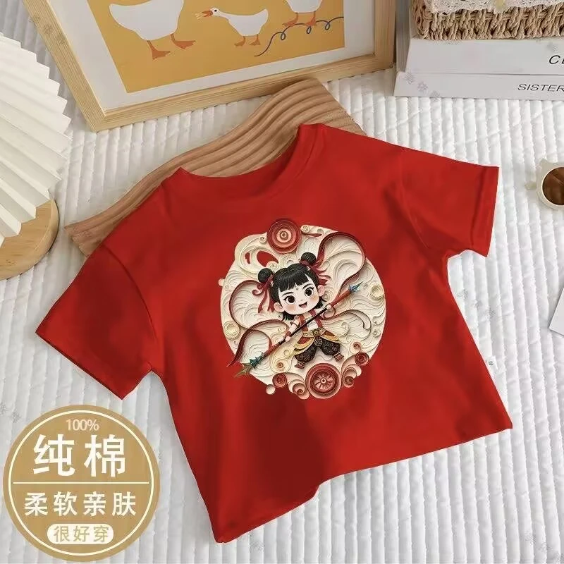 哪吒圆领休闲风短袖喜庆儿童100纯棉T恤吸汗印花夏季常规亲肤上衣