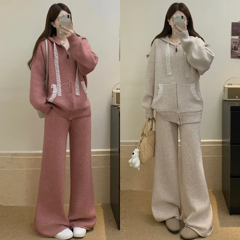大码胖mm秋冬时尚百搭蕾丝拼接连帽针织毛衣外套+阔腿裤两件套装
