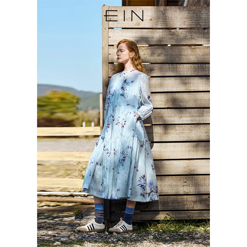 EIN/言薄雾云感丝棉月影玫瑰印花立领灯笼袖连衣裙女2025早春新款