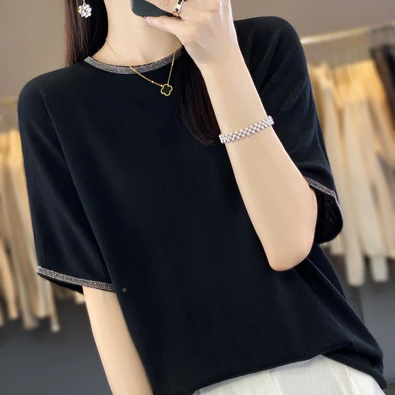 2025夏季新款圆领短袖女时尚亮条宽松外穿t恤针织设计感洋气半袖
