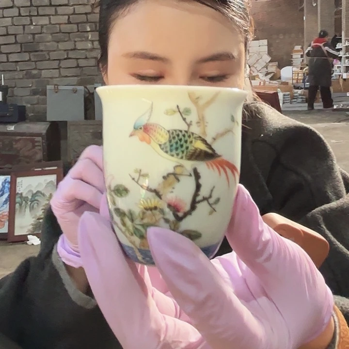 摆件陶景德镇高温陶瓷花鸟直口杯