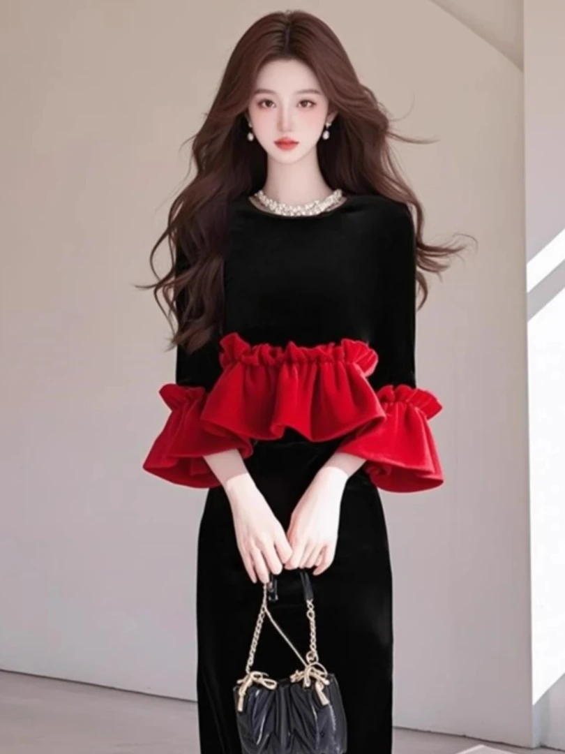 【现货】气质时尚小香拼接撞色丝绒上衣高腰显瘦半身裙新款两件套女