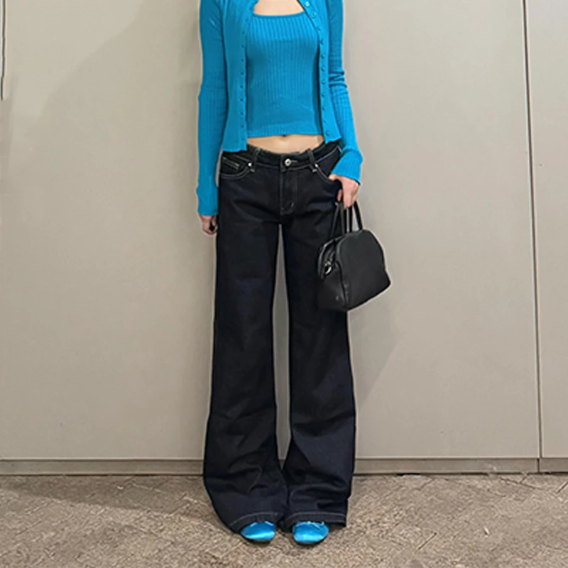 高个子低腰显瘦宽松牛仔裤女秋季新款设计感百搭水洗深色阔腿长裤