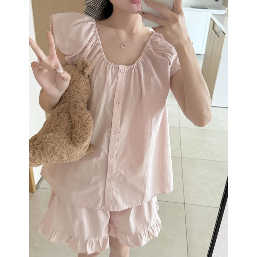 韩国甜美可爱泡泡袖粉色纯棉睡衣女款夏季短袖短裤少女家居服套装
