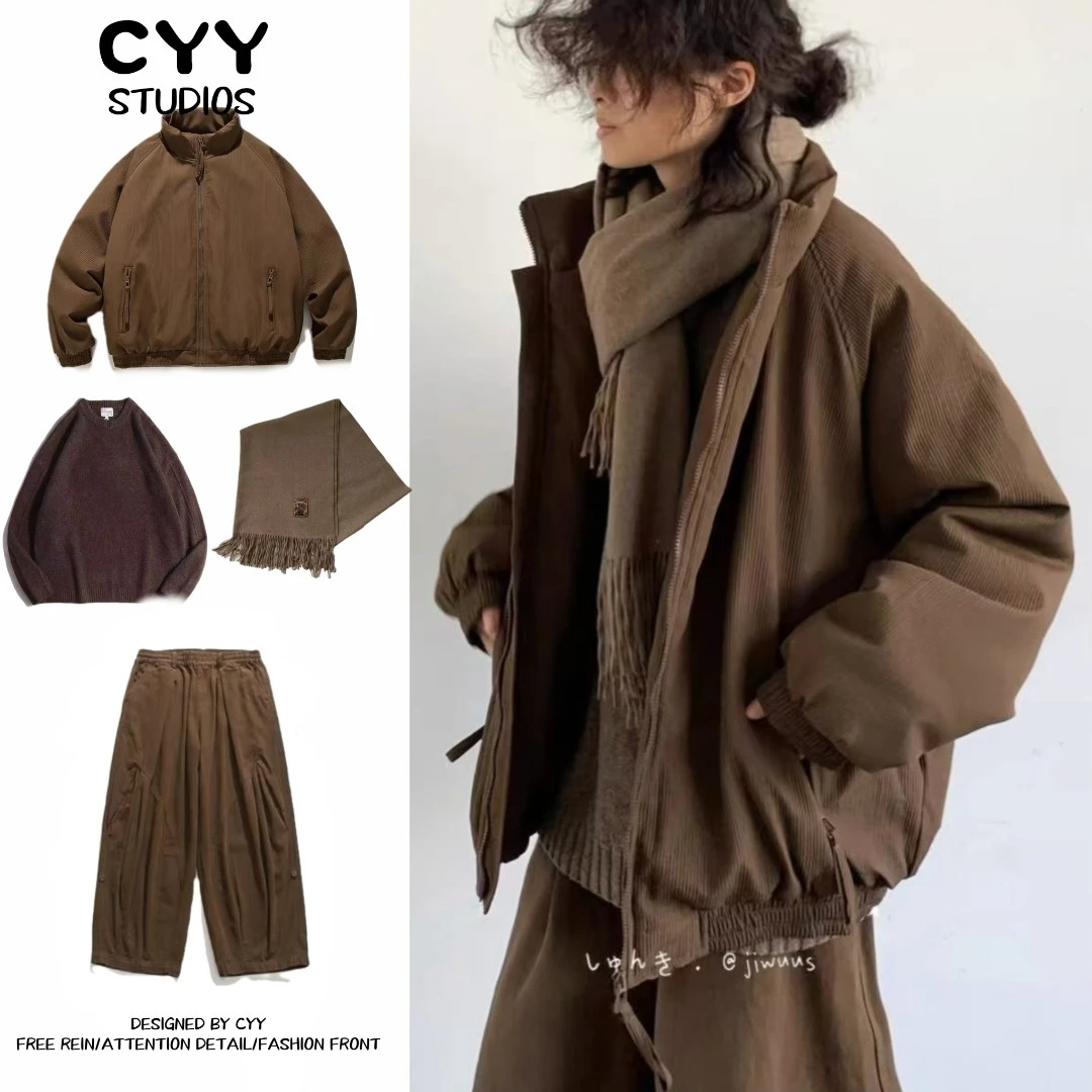 四件装/冬季美拉德咖啡色竖条纹棉衣男女复古百搭面包服棉袄外套