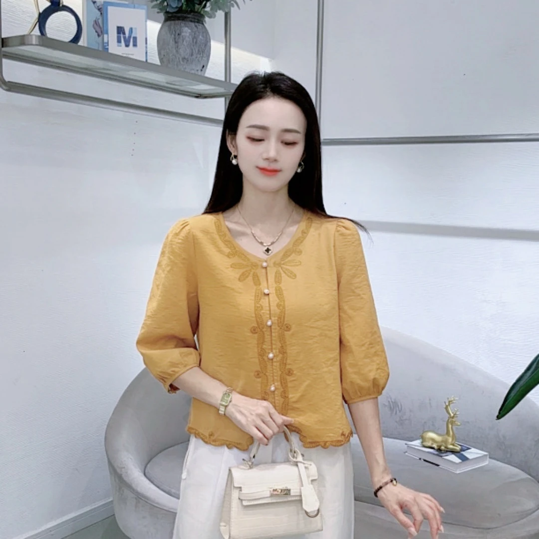 A8669夏季新款圆领衬衫女时尚洋气减龄百搭显瘦上衣