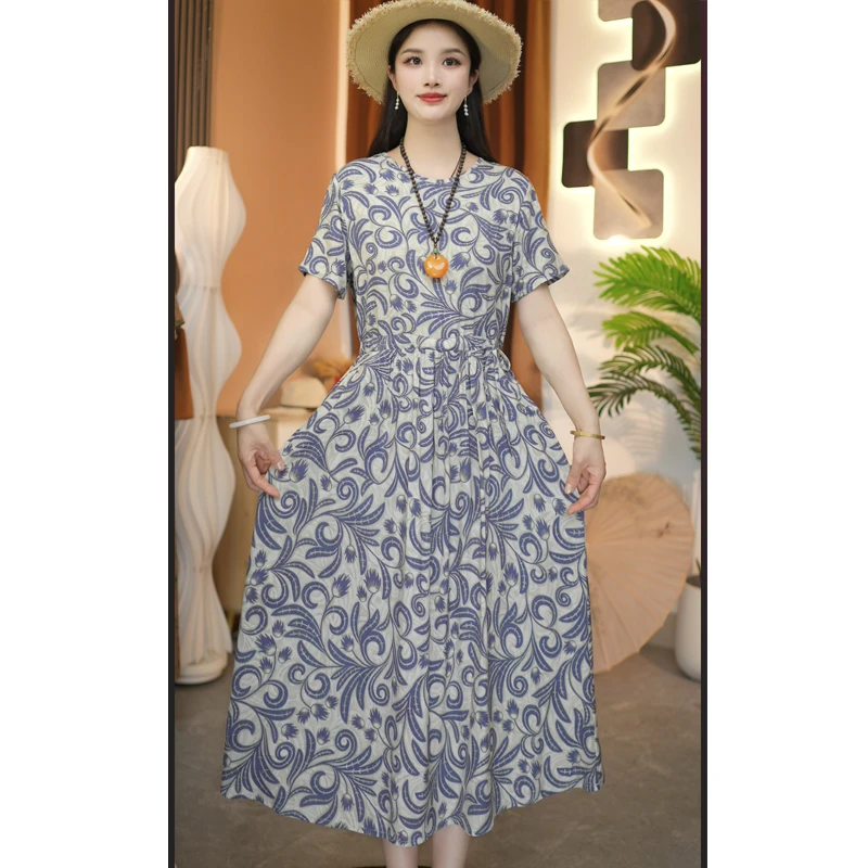 青花瓷妈妈装中长款棉绸裙子夏季新款时尚短袖系带大码连衣裙