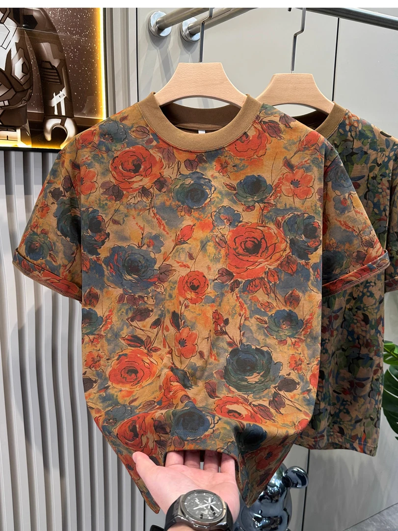 夏季欧若风新款潮牌满印撞色玫瑰花圆领短袖T恤百搭潮流套头上衣