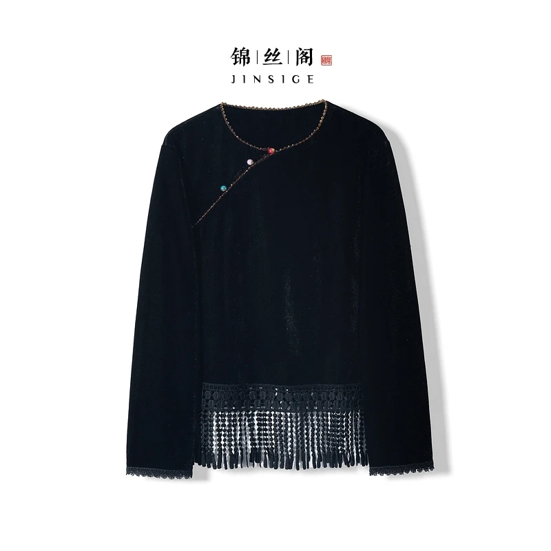 【舒辰】2025新款秋季衬衣女新中式宽松圆领镂空高级感丝绒长袖衬衫