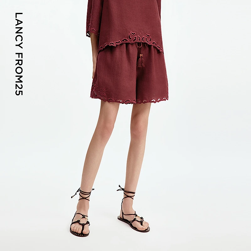 【漾25系列】朗姿2025年夏季新款气质设计感法式独特白色休闲短裤