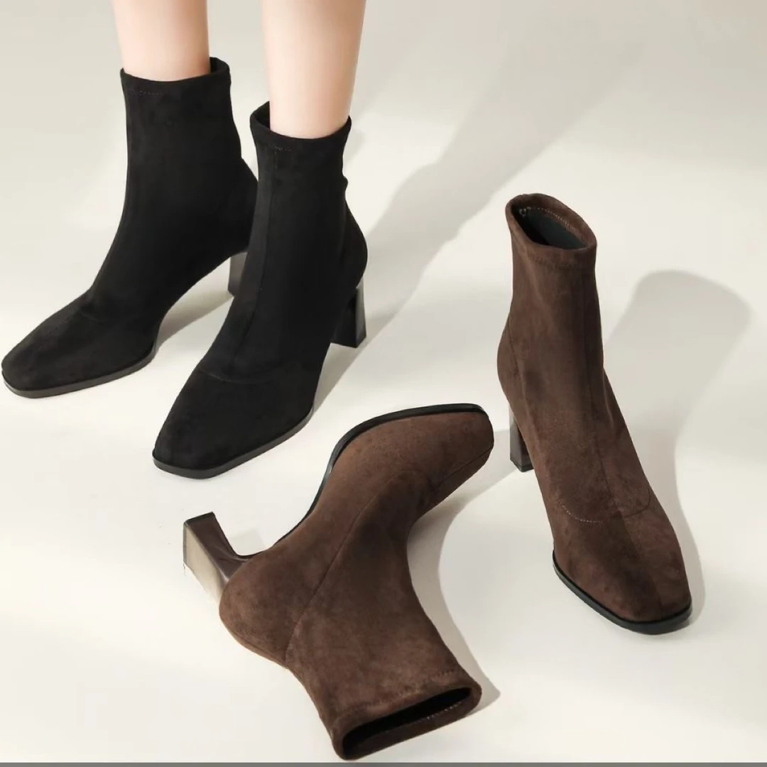 时装靴女冬季裸靴秋冬方头黑色瘦瘦靴单靴百搭粗跟时装310165