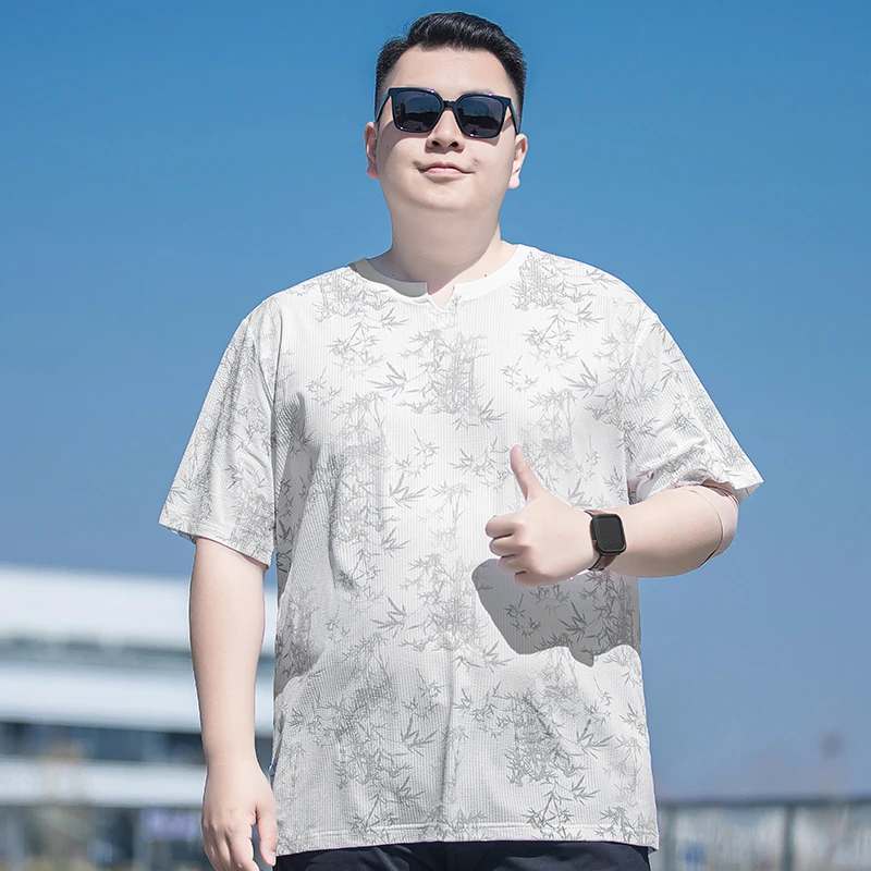 潮流提花短袖体恤男士加肥加大码宽松上衣胖子圆领冰丝半袖体恤衫