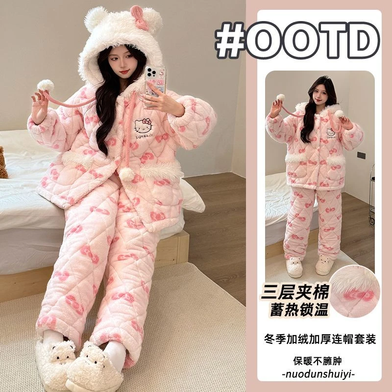 三层夹棉加绒加厚2025冬季长毛绒睡衣女女士珊瑚绒女款连帽家居服