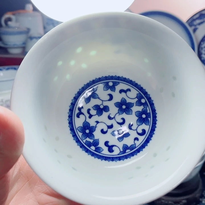 青花玲珑5寸饭碗紫荆花无花