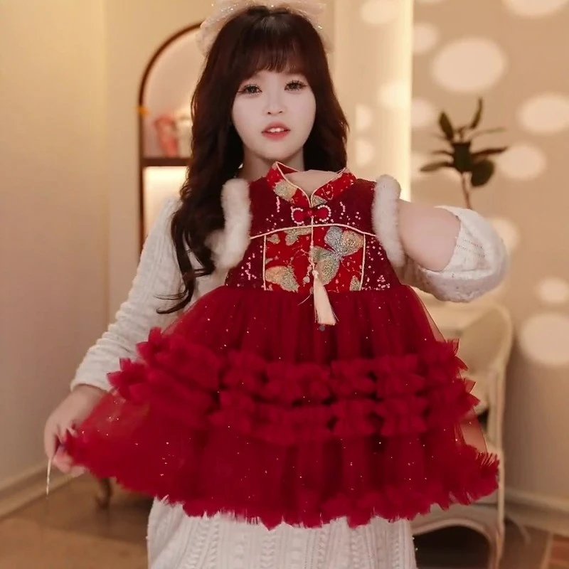 女童新中式旗袍连衣裙冬季2025新款小女孩加绒国风拜年礼服公主裙