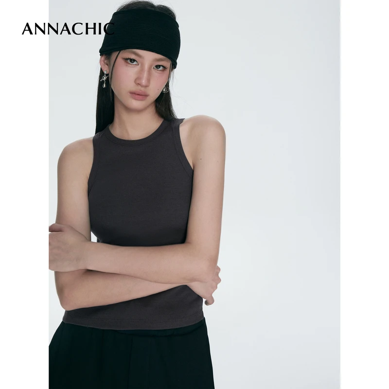 ANNACHIC精致基础_全新升级舒适弹力罗纹时髦无袖背心女外穿上衣