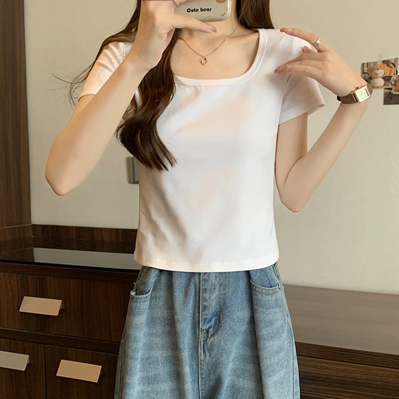 正肩方领纯色短袖T恤女夏季新款设计感修身显瘦半袖白色内搭上衣