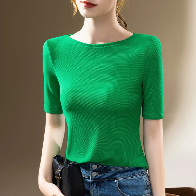 2025新款夏季修身女上衣气质纯色中袖欧货收腰五分袖洋气薄款T恤