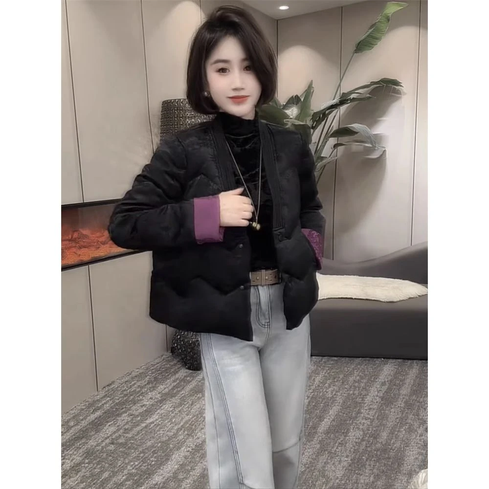 波司断码冬季网红新款新中式棉服女国风提花拼接撞色领加厚棉衣