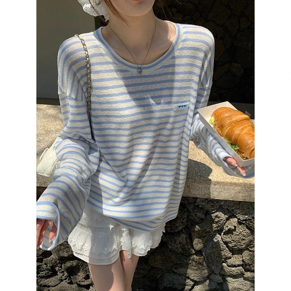 VUMP 约瑟芬小调 亚麻感 蕾丝贴布绣针织条纹T恤设计感长袖女春夏
