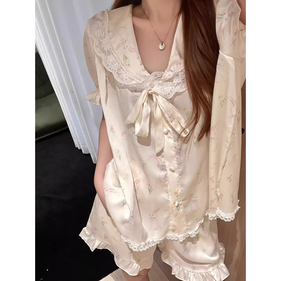 法式卡通小兔印花冰丝睡衣女夏季甜美少女蕾丝短袖短裤家居服套装