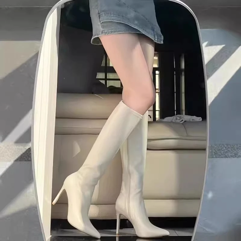 尖头高跟长靴女2025年秋冬新款白色皮面弹力瘦瘦靴百搭细跟高筒靴