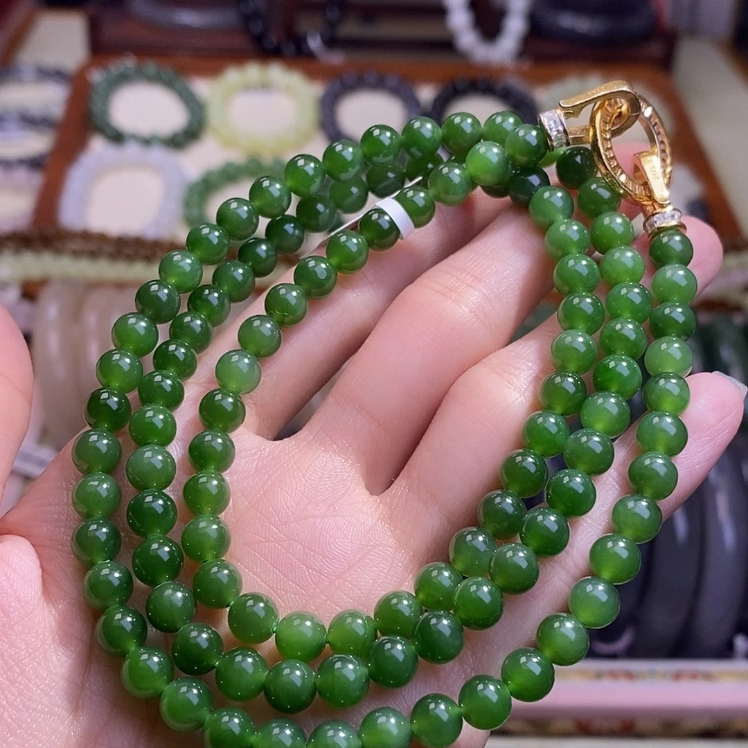 颈饰未镶嵌和田玉碧玉银镶阳绿项链6MM