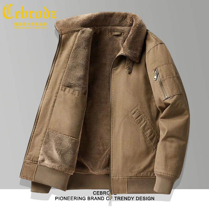 法国Cebrodz男士羊羔绒翻领夹克纯棉中年商务加厚保暖棉袄爸爸装