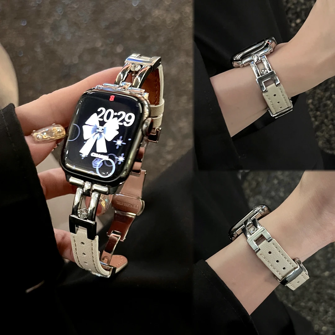 金属滑梯皮质蝴蝶扣表带适用华为FIT4/3红米watch5/4代小米9pro