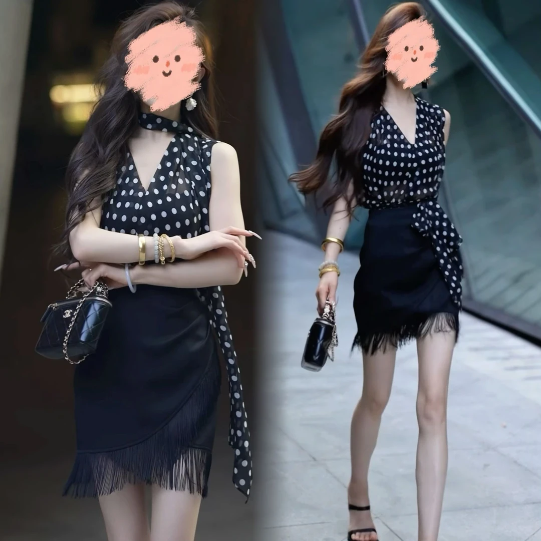 2025夏季网红新款时尚两件套裙女轻熟风波点无袖上衣+流苏半身裙
