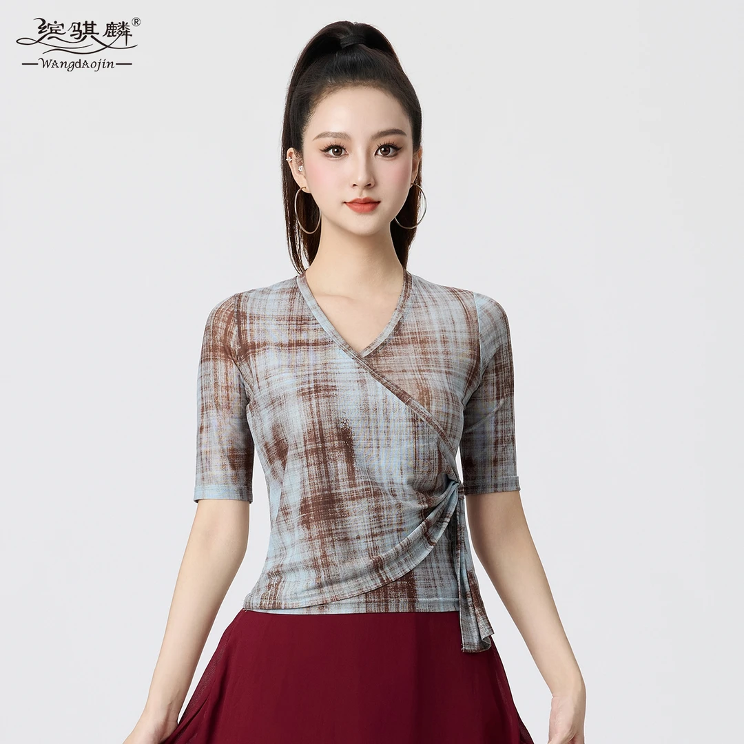 拉丁舞上衣女新款网纱印花舞蹈练功服气质修身设计感摩登舞服中袖