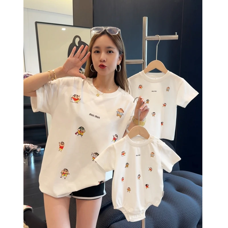 [1调皮小新]亲子装纯棉纯色卡通纯棉t恤一家三口四口婴儿爬服夏季