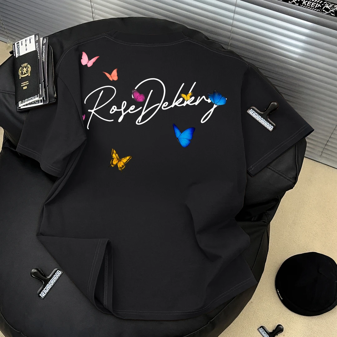 Dekkry夏季男女百搭休闲情侣100%纯棉美式创意蝴蝶字母短袖T恤