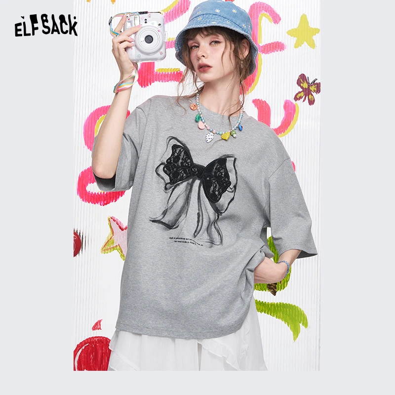 【大瑶】灰色蝴蝶结印花短袖t恤女2025年春夏新款宽松休闲上衣252